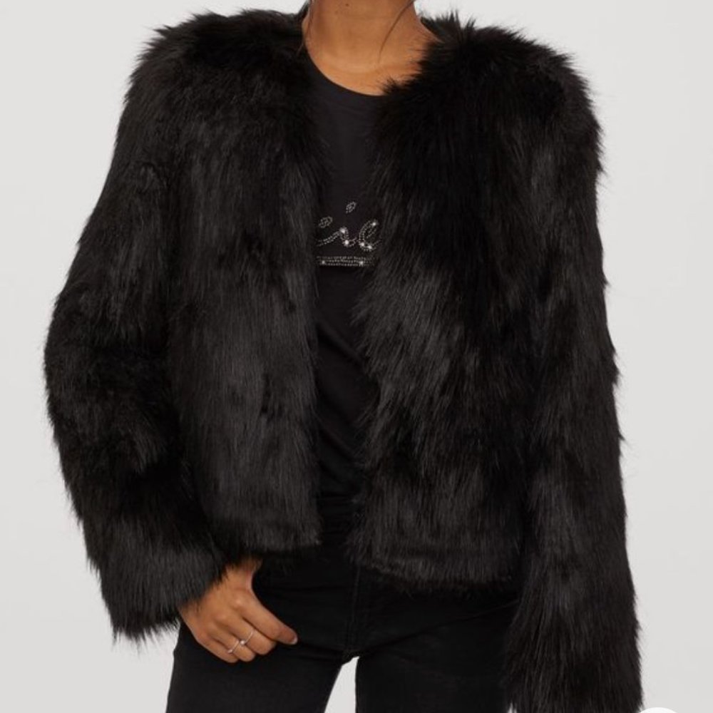 H&M Faux Fur Jacket Black, L